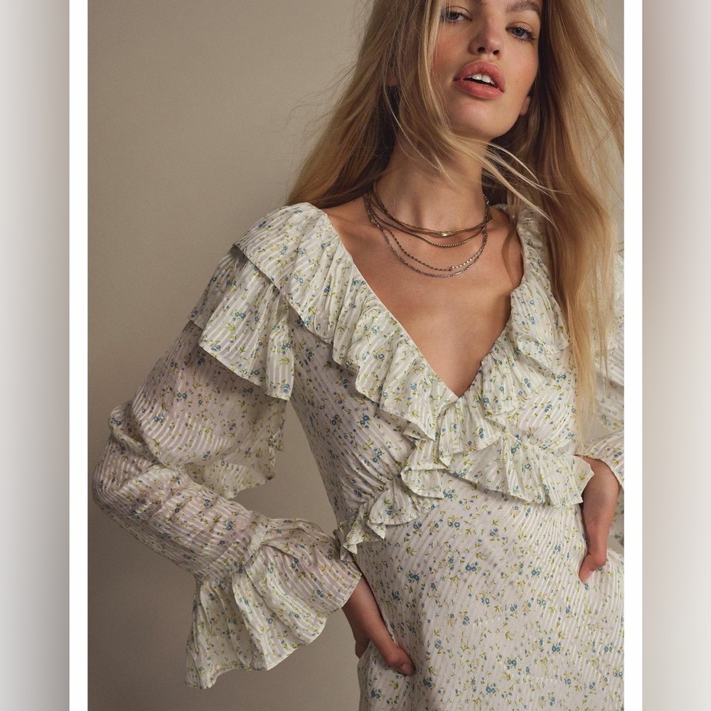 Free People Cream Floral Ruffle Long Sleeve Dress